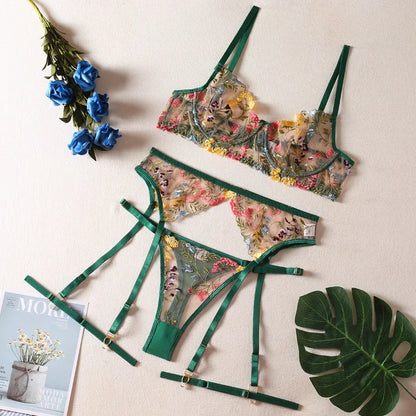 Krasapt Sexy Lace Embroidery 3-Piece Sets Transparent Sensual Fancy Beautiful Bra Brief Set Attractive Intimate Bilizna Outfits