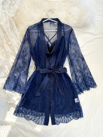 Sexy Elegant Pure Color Mesh Nightgown Set Transparent Lace Robe Sleepwear Casual Comfortable Women's Pajamas