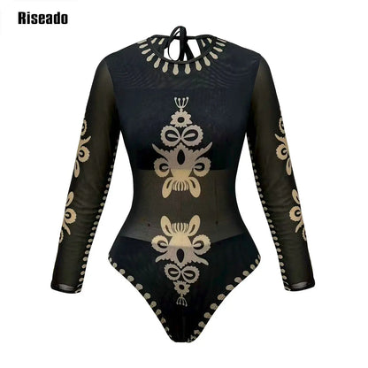 Womens Long Sleeve Mesh Rash Guard UV UPF 35+ Sun Protection Printed Sexy High Waist Surfing One Piece Swimsuit Bathing Suit