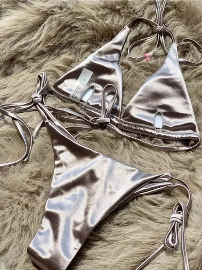 Halter Brazilian Metallic Satin Bikini Women Swimwear Female Swimsuit Two-pieces Bikini Set High Cut Bathing Suit Swim Beachwear