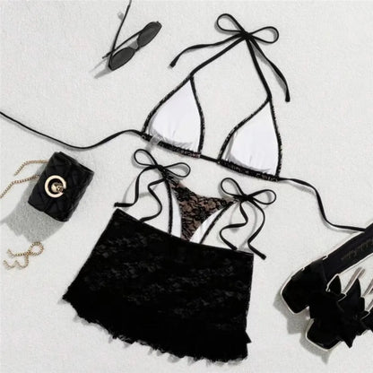 Triangle String Halter Bikinis Sets 3 Pieces Black Lace Mesh Swimwear Thong Sexy Swimsuit Cove Up Women 2026 Bathing Suit Bikini