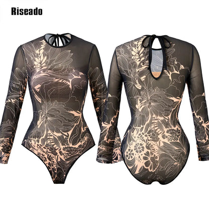 Womens Long Sleeve Mesh Rash Guard UV UPF 35+ Sun Protection Printed Sexy High Waist Surfing One Piece Swimsuit Bathing Suit