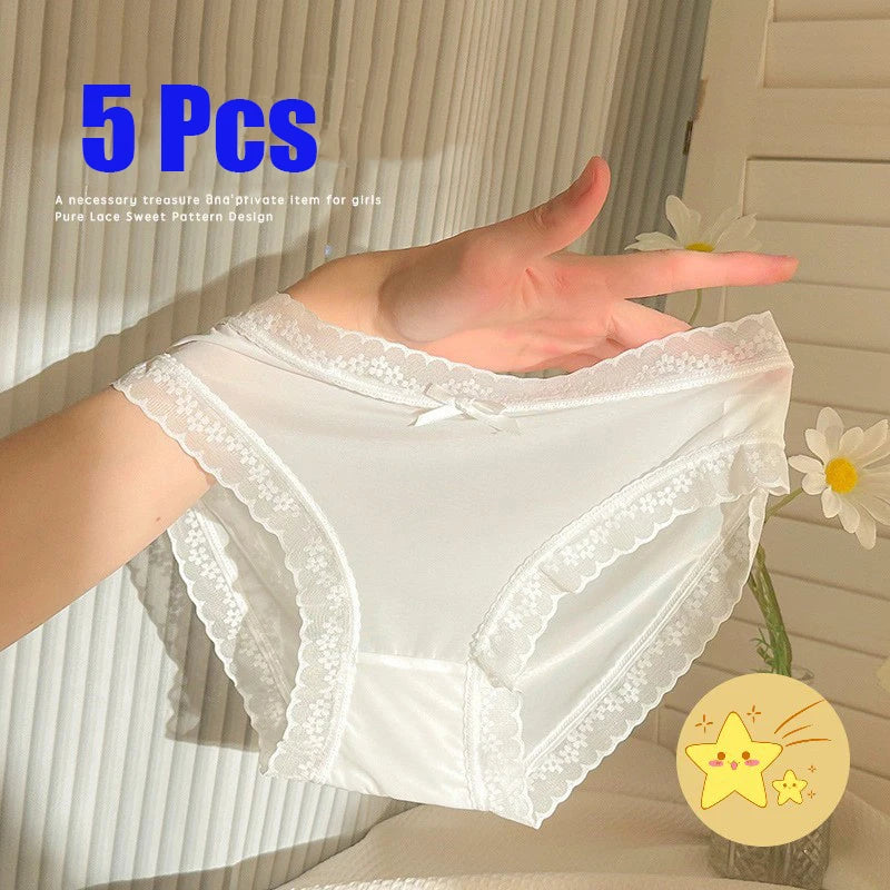 5PCS Women's Lace Ice Silk Seamless Panties Soft Skin‑friendly Cotton Crotch Sexy Mid‑Waist Breathable Thin Briefs