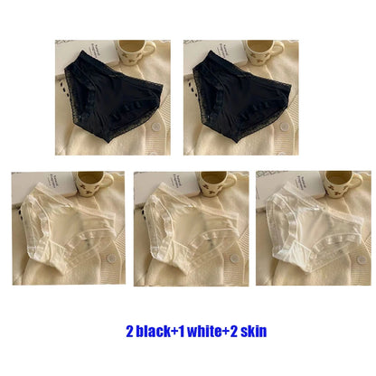 5PCS Women's Lace Ice Silk Seamless Panties Soft Skin‑friendly Cotton Crotch Sexy Mid‑Waist Breathable Thin Briefs