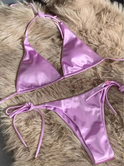 Halter Brazilian Metallic Satin Bikini Women Swimwear Female Swimsuit Two-pieces Bikini Set High Cut Bathing Suit Swim Beachwear