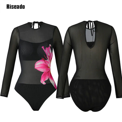 Womens Long Sleeve Mesh Rash Guard UV UPF 35+ Sun Protection Printed Sexy High Waist Surfing One Piece Swimsuit Bathing Suit