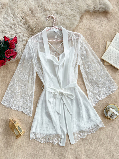 Sexy Elegant Pure Color Mesh Nightgown Set Transparent Lace Robe Sleepwear Casual Comfortable Women's Pajamas