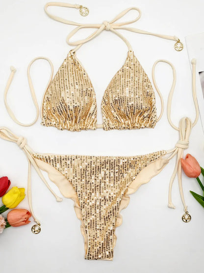 Women's Sparkle Sequins Bikini Set Beach Summer 2026 Vacation Glitter Swimsuit Two-Piece Swimsuit Set Scrunch Bum Bathing Suits