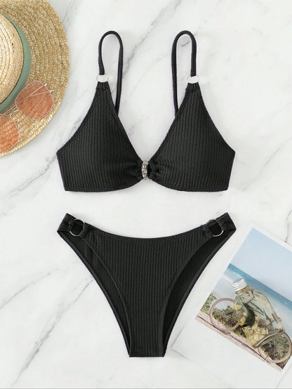 Two-piece Set Women's Plain Textured O-ring Bikini Set, Casual Sleeveless Triangle Swim Bra & Swim Bottom, Ladies Summer Swimwea