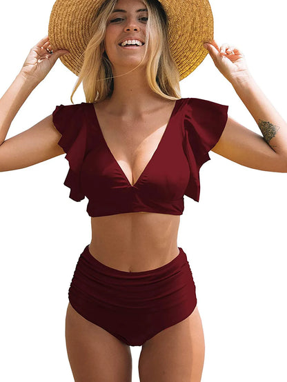 High Waist Ruffled Bikini Set 2025 Sexy Flounce Biquini Swimwear Women Two Pieces Swimsuit Floral Beachwear V-neck Bathing Suit