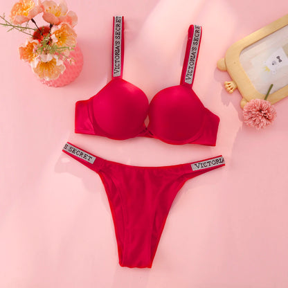 Victoria's Secret Push Up Bra And Panties Set For Women Rhinestone Logo Shoulder Straps Lace Underwear Sexy Lingerie Set
