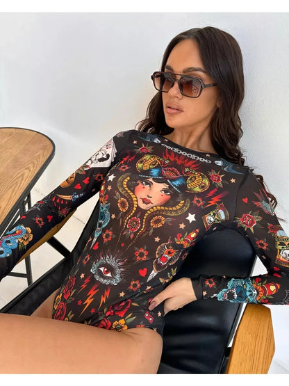 Long Sleeve Sheer Sun Protection One-Piece Set Swimsuit Women Sexy Rash Guard Swimwear Bodysuit Beachwear Купальник