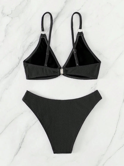 Two-piece Set Women's Plain Textured O-ring Bikini Set, Casual Sleeveless Triangle Swim Bra & Swim Bottom, Ladies Summer Swimwea