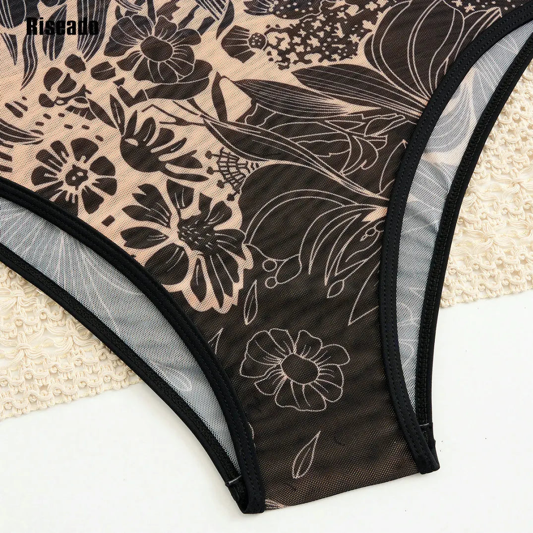 2026 New Trend Mesh Swimwear Women's Sheer Sexy High Waist Surfing One Piece Suit with Pants & Skirt Swimdress Smart Woman