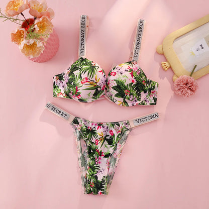 Victoria's Secret Push Up Bra And Panties Set For Women Rhinestone Logo Shoulder Straps Lace Underwear Sexy Lingerie Set