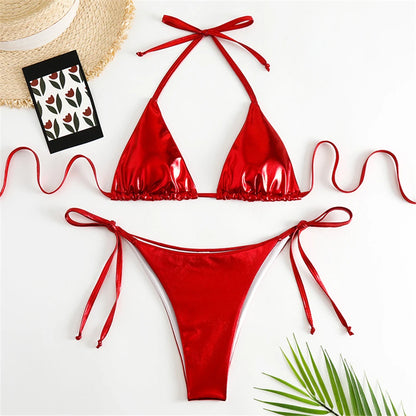 Halter Triangle Sexy Bikini Sets 2025 Women Patent Leather Glitter Swimsuit Summer Solid G-String Swimwear Side Lace Up Monokini