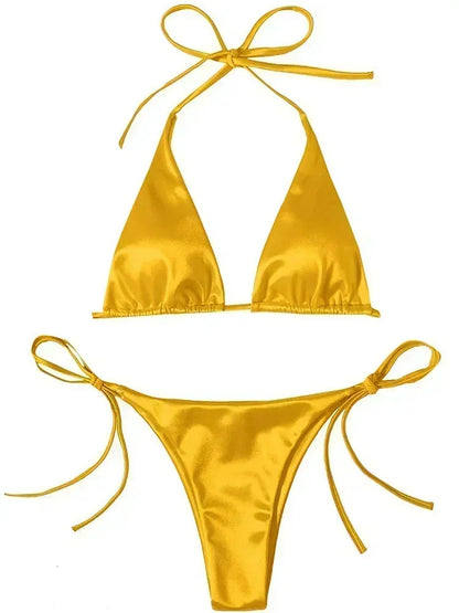 Halter Brazilian Metallic Satin Bikini Women Swimwear Female Swimsuit Two-pieces Bikini Set High Cut Bathing Suit Swim Beachwear