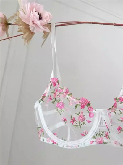 YUQI French Elegant Lingerie Set-Floral Embroidery Semi-Transparent Bra & Brief,Black Sensual Women's Underwear Luxury Intimates