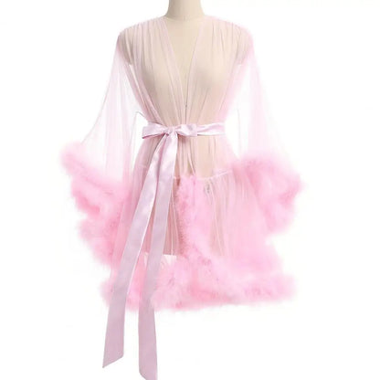 Sexy Bride Wedding Robe Dress Sleepwear Elegant Feather Long Nightgown Nightwear Luxury Ice Silk Home Dress Loungewear Sleepwear