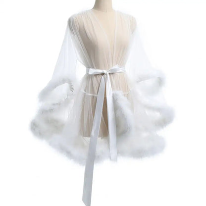 Sexy Bride Wedding Robe Dress Sleepwear Elegant Feather Long Nightgown Nightwear Luxury Ice Silk Home Dress Loungewear Sleepwear