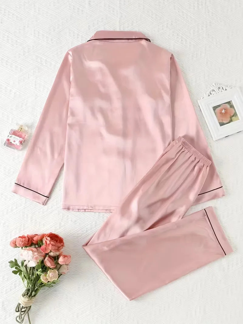 Women Autumn Winter Silk Pajamas Set Casual Soft Breathable and Relaxed Fit Long Shirt Tops and Long Pants Sleepwear