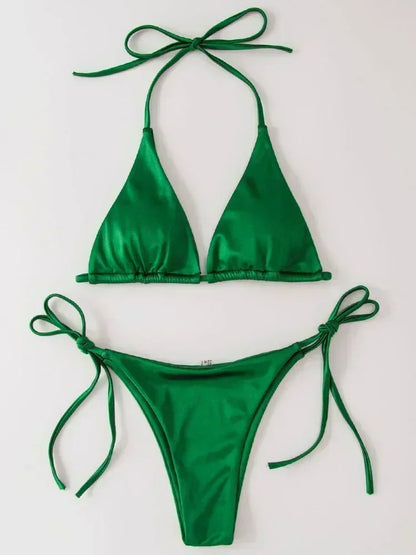 Halter Brazilian Metallic Satin Bikini Women Swimwear Female Swimsuit Two-pieces Bikini Set High Cut Bathing Suit Swim Beachwear