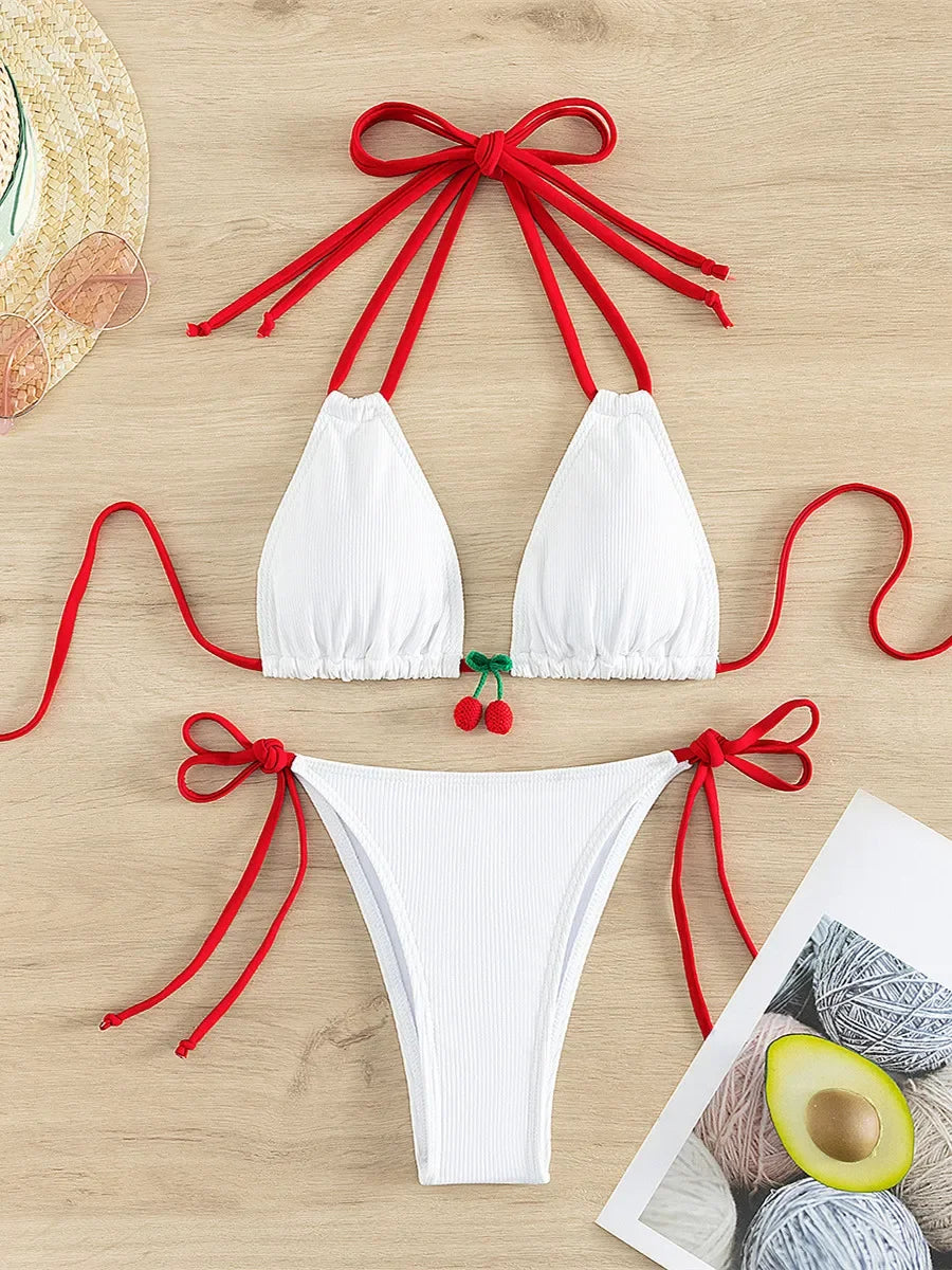 2026 Strawberry Designer Bikini Women Sexy White Contrast Push Up Micro Swimsuit Brazilian Bandage Bathing Suit Thong Swimwear