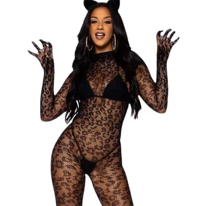 Open Crotch Lingerie Women Sexy Backless Cutout Body Bra Set Mesh Transparent Baby Doll Bodystocking Leopard Print Underwear Set