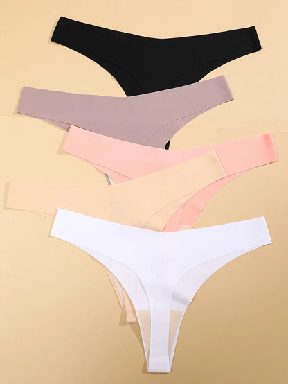 5PCS Seamless Thongs for Women V Waist G-String Panties Ice Silk Breathable Dopamine Color Underwear Ultra Thin Lingerie XS-XL