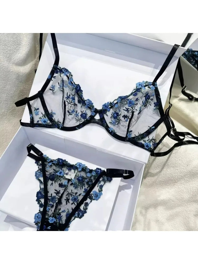 YUQI French Elegant Lingerie Set-Floral Embroidery Semi-Transparent Bra & Brief,Black Sensual Women's Underwear Luxury Intimates