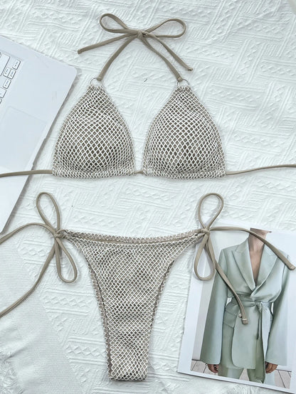 Ellolace Fishing Net Erotic Bikini Halter Women's Swimsuit Solid Padded Swimwear Brazilian Fantasy Beach Outfit