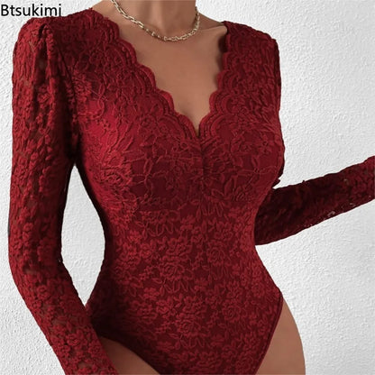 Womens Elegant Floral Lace Shaping Bodysuit Sexy Scallop Trim V-Neck Slimming Body Shaper Slim Night Club Party Leotards Tops