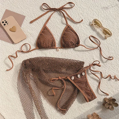 Sexy Brown Mesh Swimsuit Cover Ups Women Triangle String Micro Bikini Thong Halter Swimwear Bathing Suit 3 Piece Bikini Set 2026