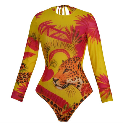 Womens Long Sleeve Mesh Rash Guard UV UPF 35+ Sun Protection Printed Sexy High Waist Surfing One Piece Swimsuit Bathing Suit