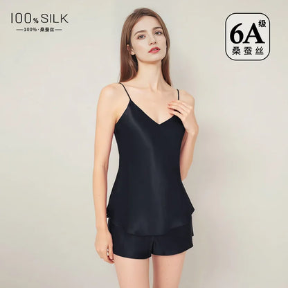 6A Thicken 100% Mulberry Silk Pajamas Women Summer Short Sets Pajamas Suit Set Female Two-piece Suit Short-sleeved Silk Home