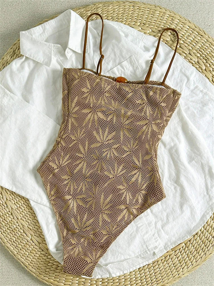 Vintage Coffee Leaves Print One Piece Swimsuit 2027 Women Beaded String Hollow Out Backless Mesh Slim Fit Tummy Control Swimwear