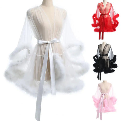 Sexy Bride Wedding Robe Dress Sleepwear Elegant Feather Long Nightgown Nightwear Luxury Ice Silk Home Dress Loungewear Sleepwear