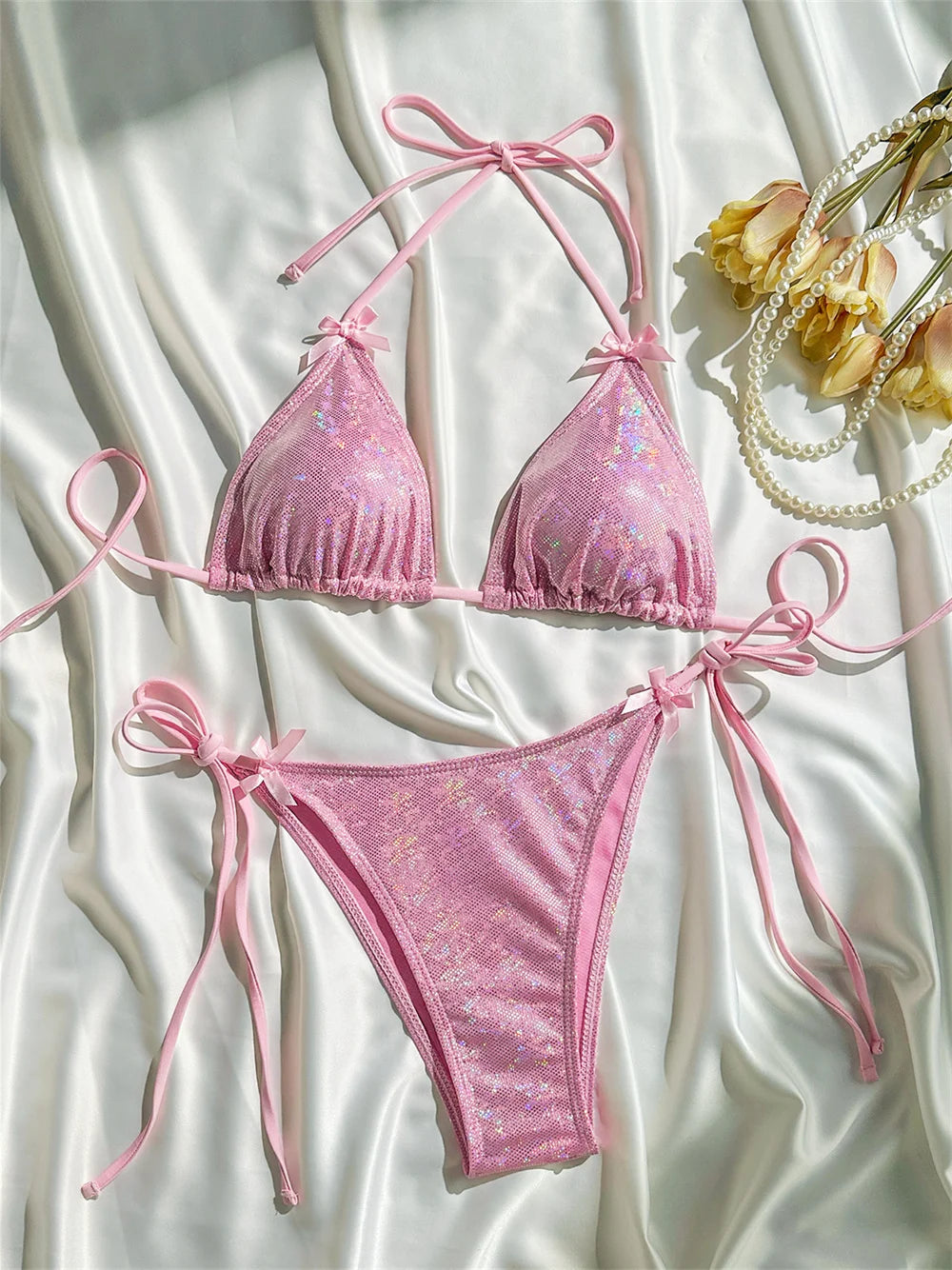 Shiny Pink Bikini Extrem String Backless Swimsuit Push Up Kawaii Bowknot Vacation Swimwear Women Micro Tangas Beach Bathing Suit