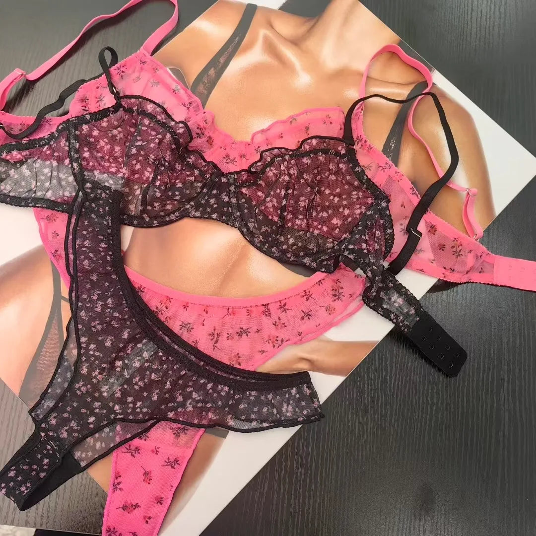 Fashion Floral Prints Women Lingerie Set Fashion Sexy Lace Bra French Ultra Thin Breathable Intimates Bralette Soft Underwear