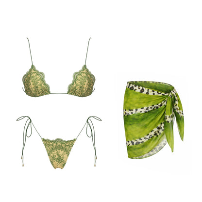 Mesh Bikini with Pants Swimsuit Brazilan Bikini Set Swimwear for Women Lace Halter Shirring 3 Pcs Bathing Suits Summer Female