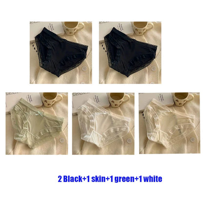 5PCS Women's Lace Ice Silk Seamless Panties Soft Skin‑friendly Cotton Crotch Sexy Mid‑Waist Breathable Thin Briefs