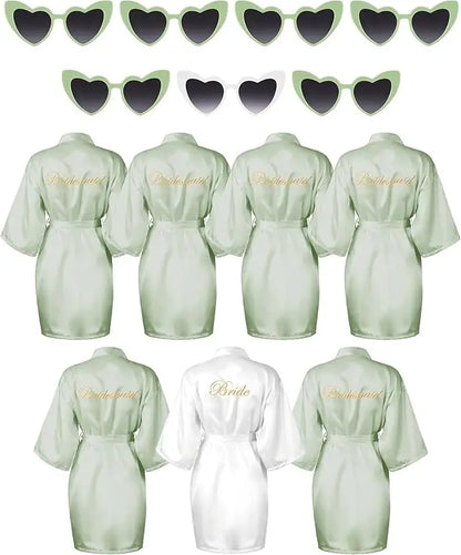 7 Pcs Bride Bridesmaid Robe Sets for Wedding Bridal Party Satin Robes Maid of Honor Robe with Heart Shaped Sunglasses