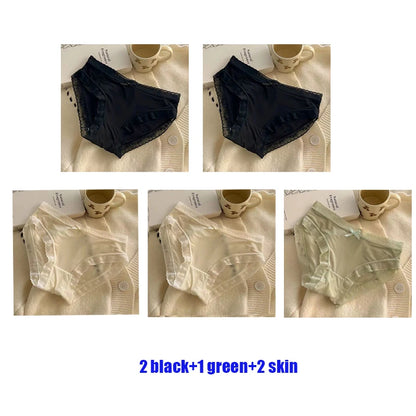 5PCS Women's Lace Ice Silk Seamless Panties Soft Skin‑friendly Cotton Crotch Sexy Mid‑Waist Breathable Thin Briefs