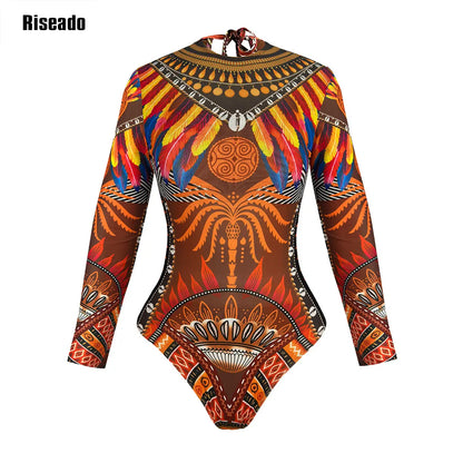 Womens Long Sleeve Mesh Rash Guard UV UPF 35+ Sun Protection Printed Sexy High Waist Surfing One Piece Swimsuit Bathing Suit