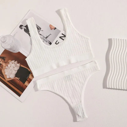 Women Knit Seamless Bra And Panties Set Tank Style Bralette Without Padding Low Rise Thong U-Neck Wide Strap Lingerie Set M-L