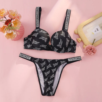 Victoria's Secret Push Up Bra And Panties Set For Women Rhinestone Logo Shoulder Straps Lace Underwear Sexy Lingerie Set