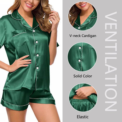 Women Silk Pajamas Set Button down Tops and Trousers Two-Piece Suit Sleepwear Loungewear Solid Pajama Ladies Nightwear Homewear