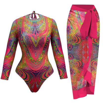 2026 New Trend Mesh Swimwear Women's Sheer Sexy High Waist Surfing One Piece Suit with Pants & Skirt Swimdress Smart Woman