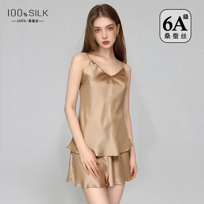 6A Thicken 100% Mulberry Silk Pajamas Women Summer Short Sets Pajamas Suit Set Female Two-piece Suit Short-sleeved Silk Home