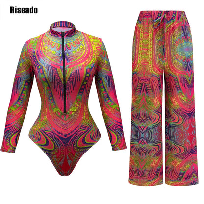 2026 New Trend Mesh Swimwear Women's Sheer Sexy High Waist Surfing One Piece Suit with Pants & Skirt Swimdress Smart Woman